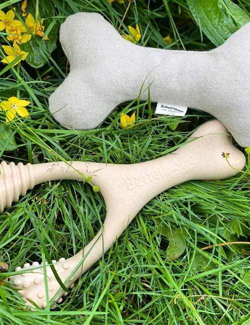 Eco-friendly dog toys from The Kind Pet made from natural and sustainable materials, lying on green grass, as tested by Sustainable Jungle.