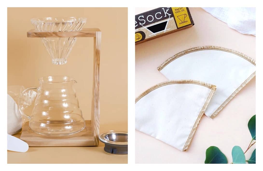 14 Plastic-Free Coffee Makers: See Ya Latte, BPA #plasticfreecoffeemaker #plasticfreecoffeemakers #bestplasticfreecoffeemaker #nonplasticcoffeemaker #lowplasticcoffeemaker #plasticfreecoffeemakersmadeintheusa #sustainablejungle Images by Hario & CoffeeSock