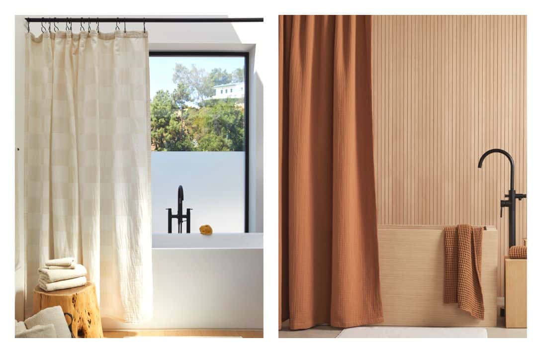 9 Organic & Non-Toxic Shower Curtains & Liners To Wash Your Worries Away Images by Parachute #nontoxicshowercurtains #nontoxicshowercurtainliners #organicshowercurtains #bestnontoxicshowercurtains #organiccottonshowercurtains #sustainablejungle