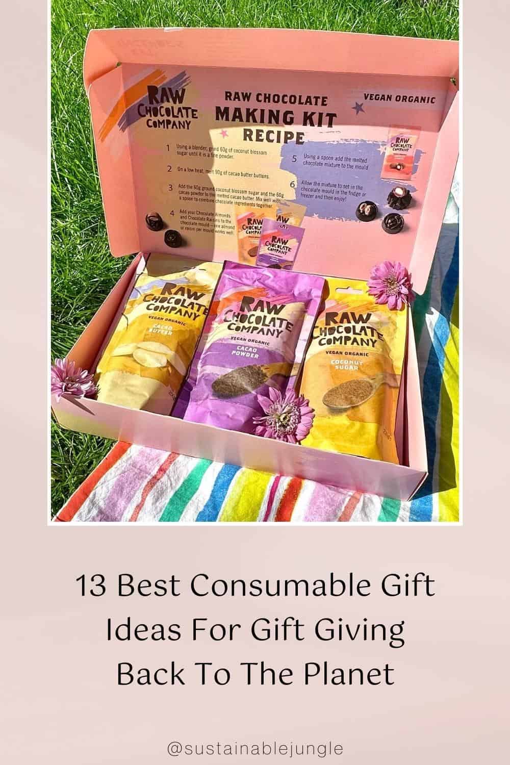 13 Best Consumable Gift Ideas For Gift Giving Back To The Planet Image by Raw Chocolate Company #consumablegifts #bestconsumablegifts #consumablegiftideas #consumablechristmasgifts #consumabelgiftideasforadults #sustainablejungle