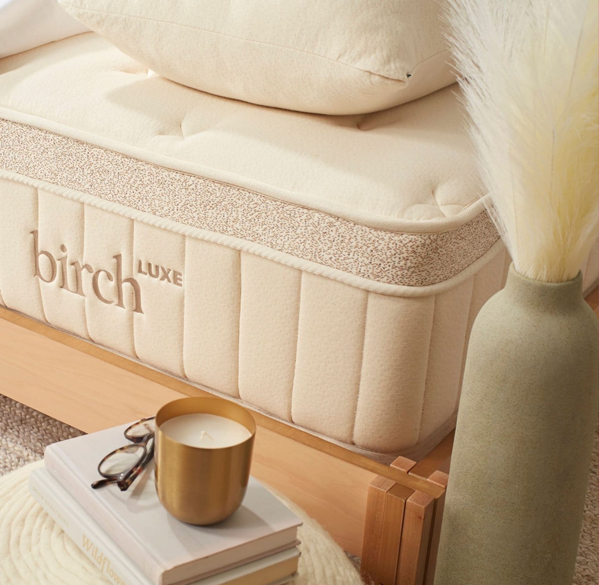 Close-up of the Birch Luxe mattress by Birch Living, featuring organic cotton, wool, and natural latex layers. Featured in Sustainable Jungle’s Brand Directory.