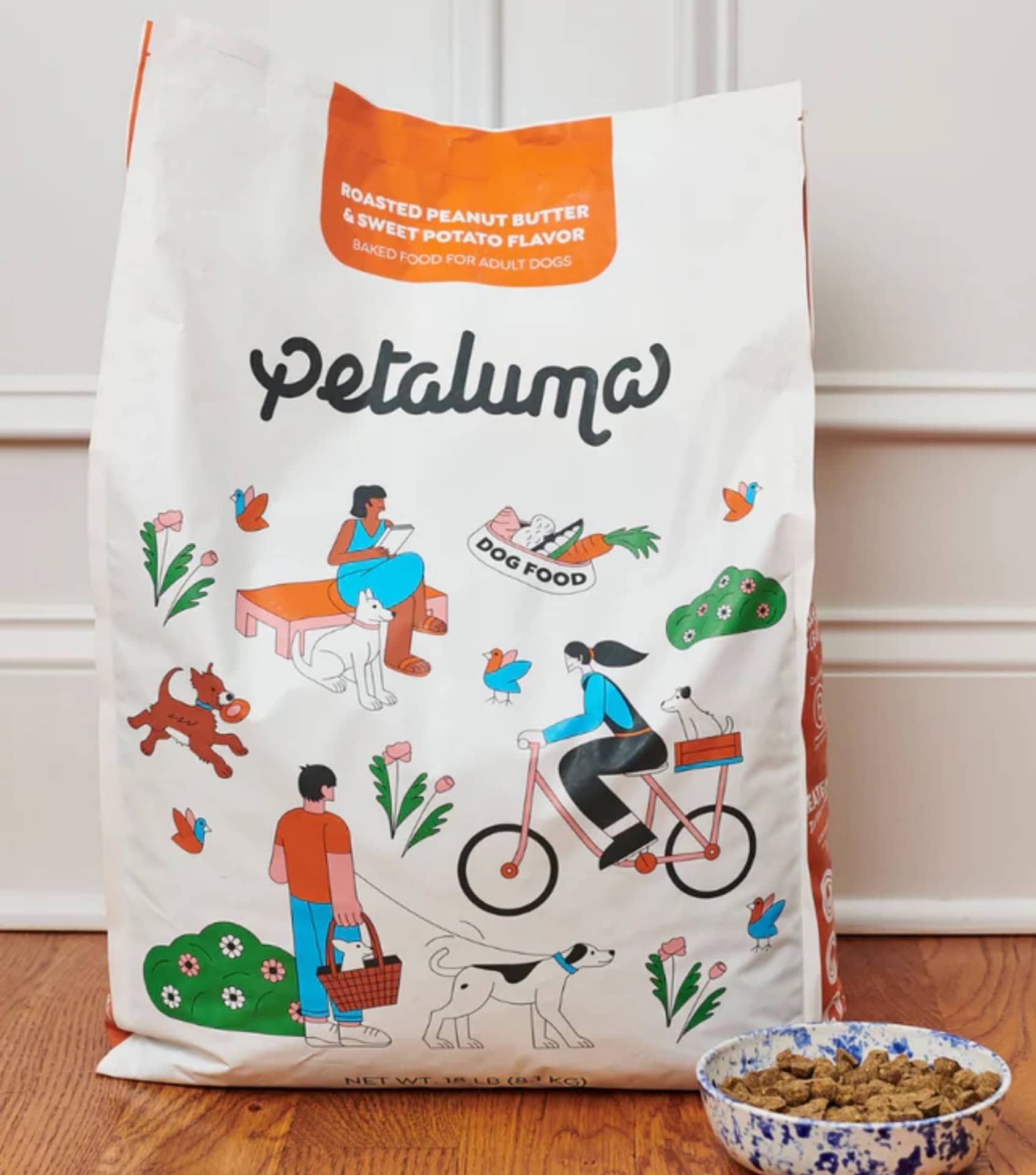 Bag of Petaluma dog food made with plant-based ingredients, a leading example of sustainable pet brands focused on nutrition and low-impact packaging.