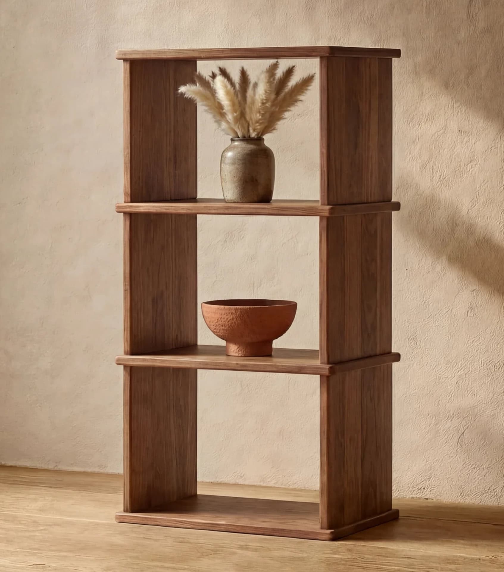 Eco-friendly home decor by Omba, a Sustainable Jungle rated brand, featuring tiered wooden display shelf with natural styling