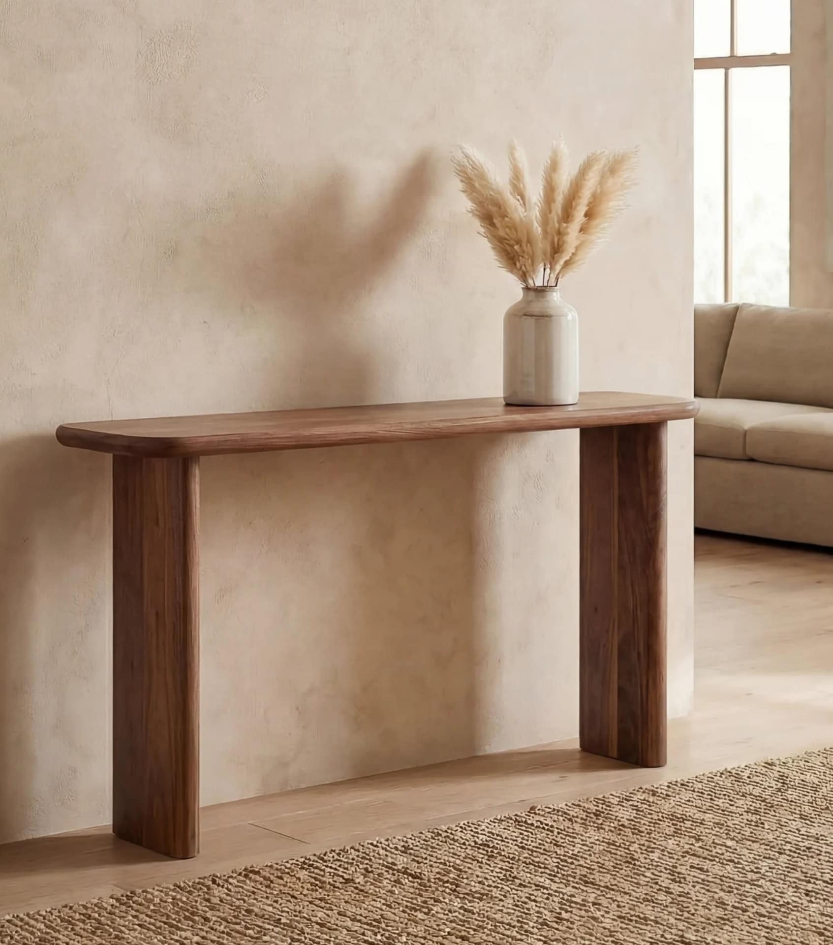 Eco-friendly home goods by Omba, a Sustainable Jungle rated brand, showcasing handcrafted wooden console table