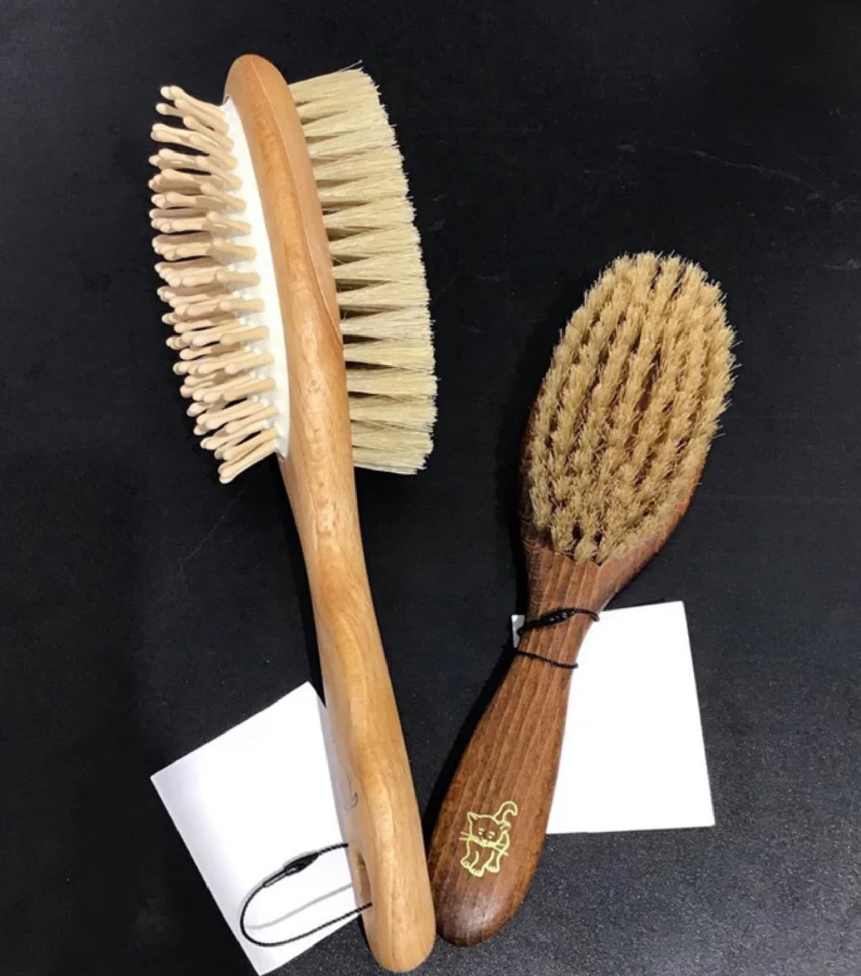 Sustainable pet brushes made with wooden handles and natural bristles, part of eco-friendly grooming products for dogs and cats.