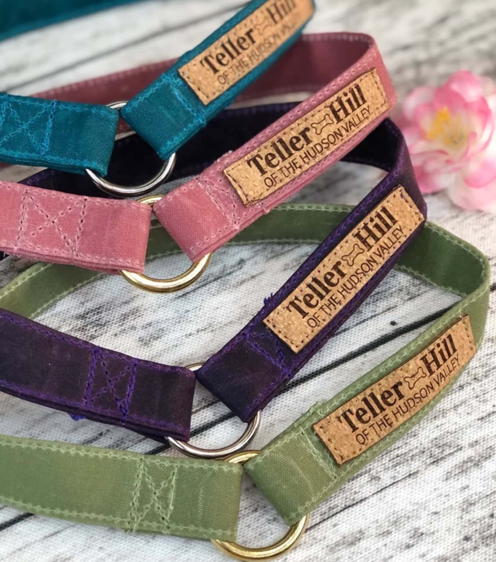 Colorful Teller Hill dog collars made from repurposed fabrics and cork labels, stylish examples of sustainable pet products.