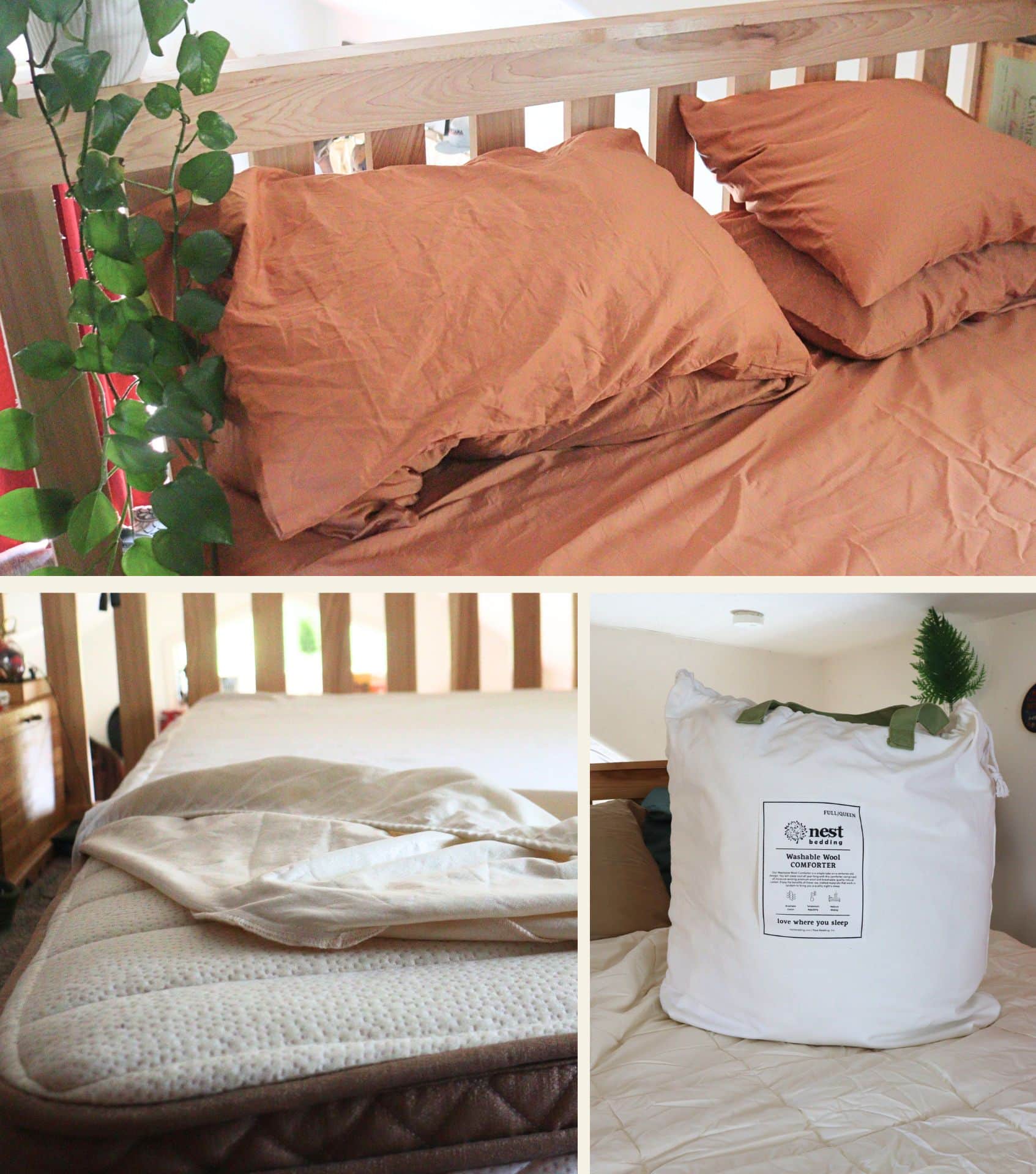 Nest Bedding is one of the Best Sustainable Bedding Brands - Sustainable Jungle tested their terracotta organic sateen sheets, their organic mattress protector and their wool comforter