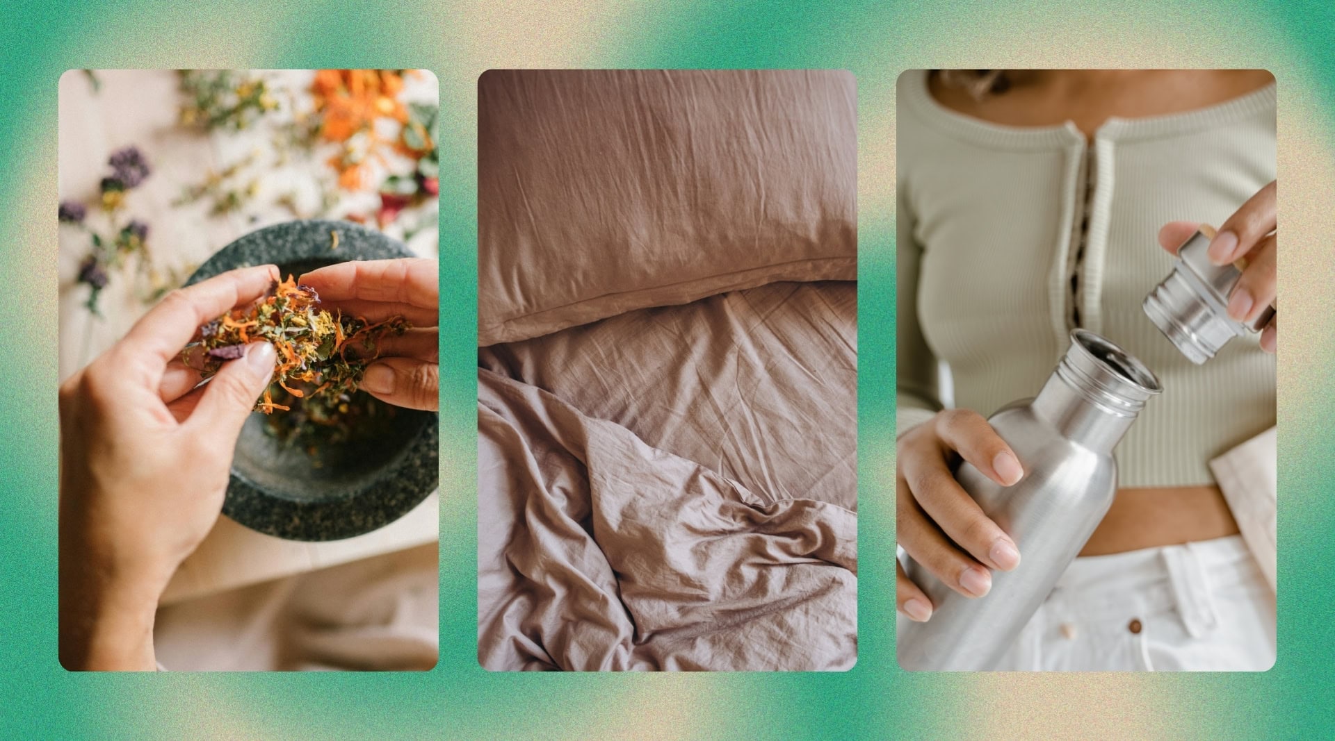 How to Start Living a Non-Toxic Lifestyle - image shows 3 panels including a person making some DIY tea/beauty, organic bedding and a stainless steel waterbottle