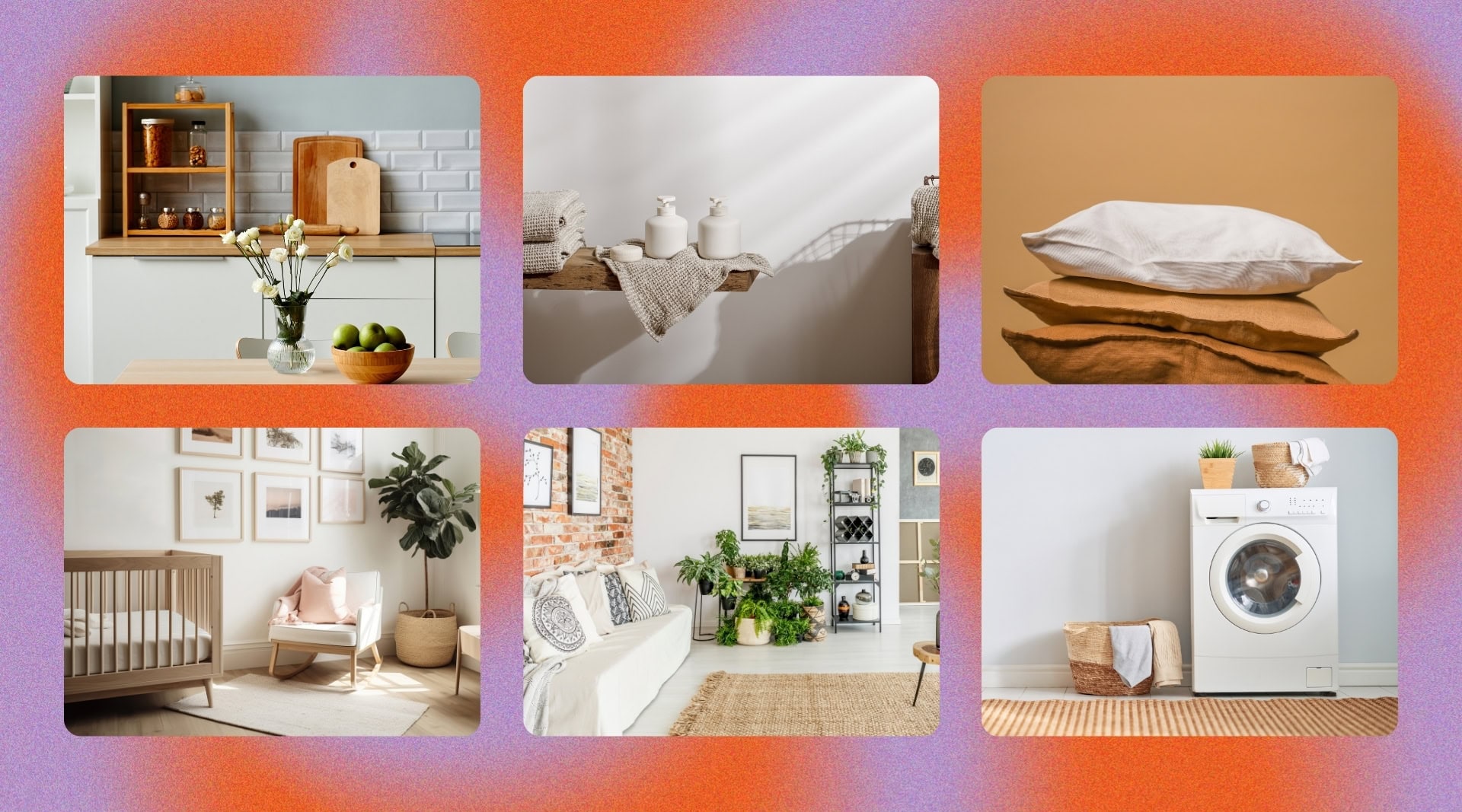 Room-by-Room Non-Toxic Living Guide - image shows 6 rooms depicting common non-tox living elements like wood and natural materials