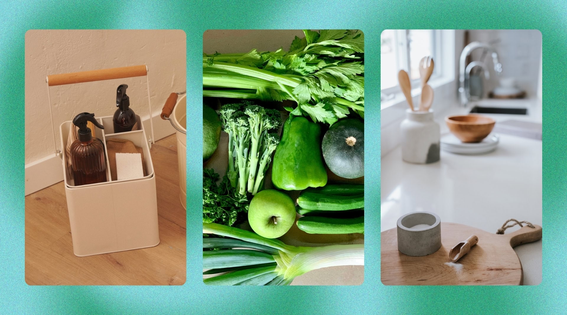 What Does Non Toxic Living Mean - image shows three panels including non-toxic cleaning, green vegetables and a minimalist kitchen with wooden cooking utensils