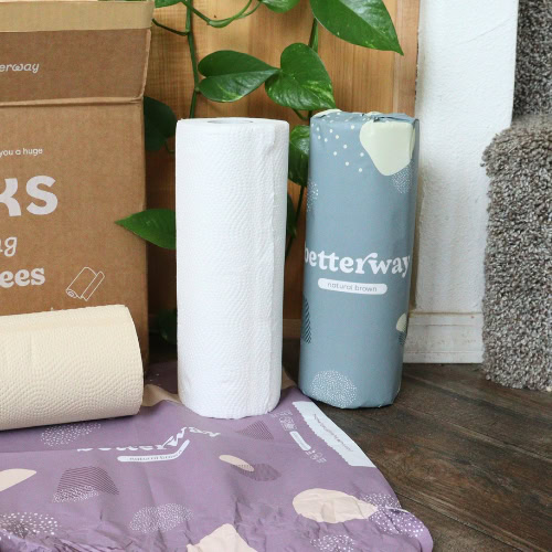 Betterway bamboo paper towel rolls in natural brown and white, with branded packaging, tested by Sustainable Jungle for Sustainable Jungle's Betterway Rating.