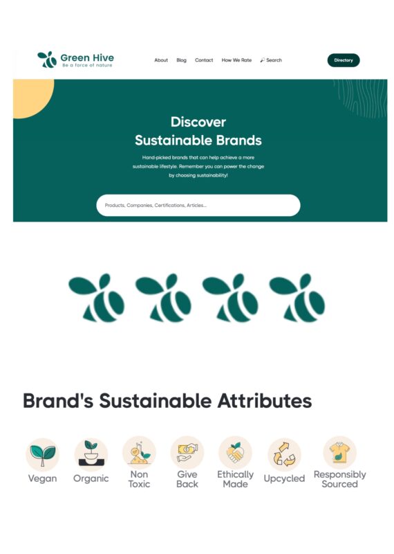 Green Hive sustainability assessment platform showing brand ratings and sustainable attributes