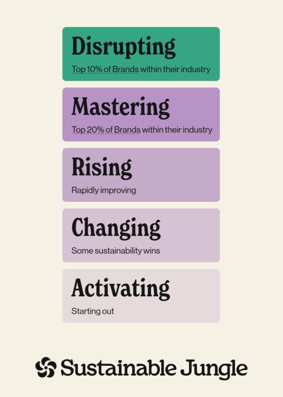 Sustainable Jungle brand sustainability assessment rating levels from Disrupting to Activating