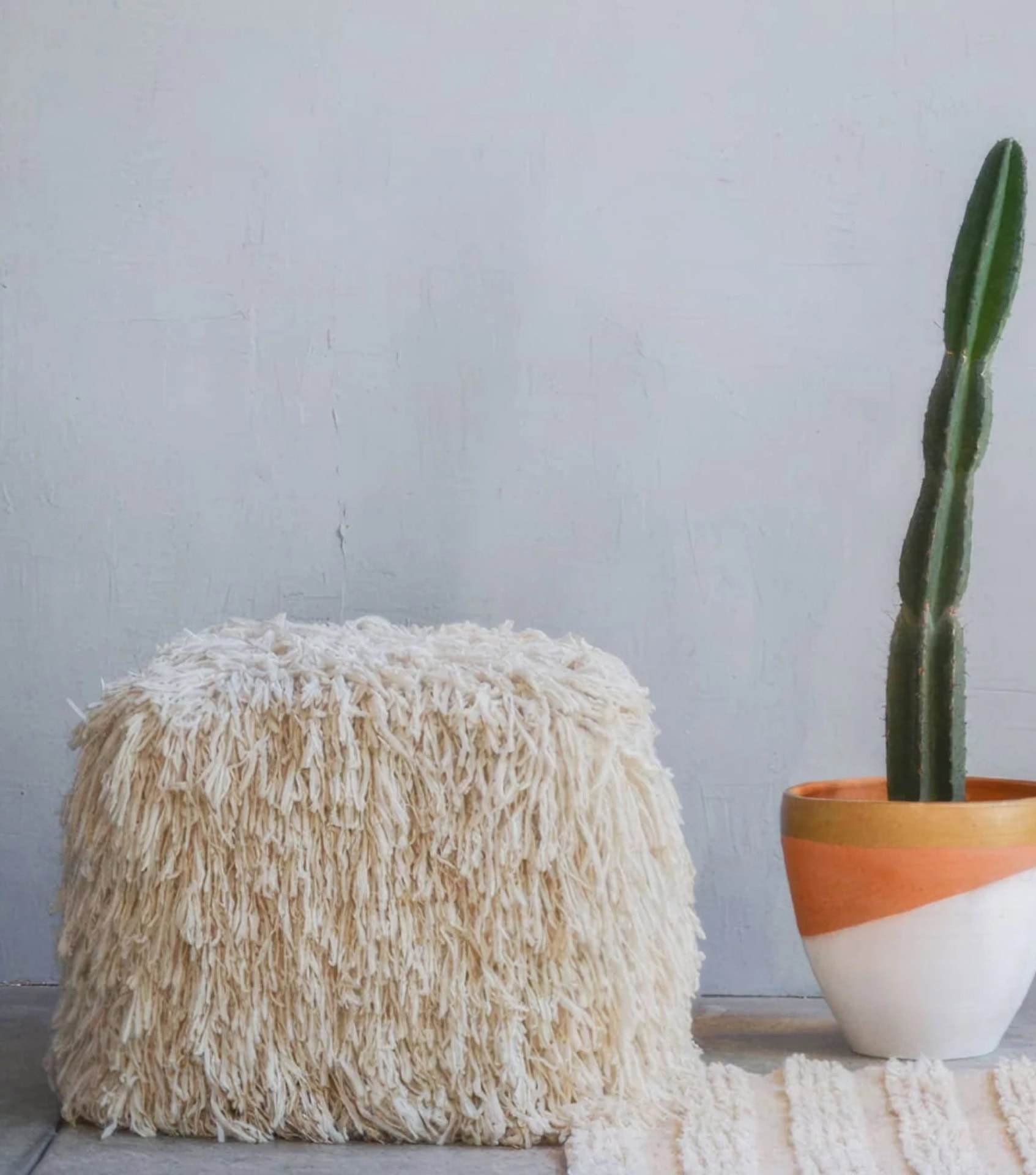 Best sustainable homewares with shaggy natural fiber pouf and terracotta planter