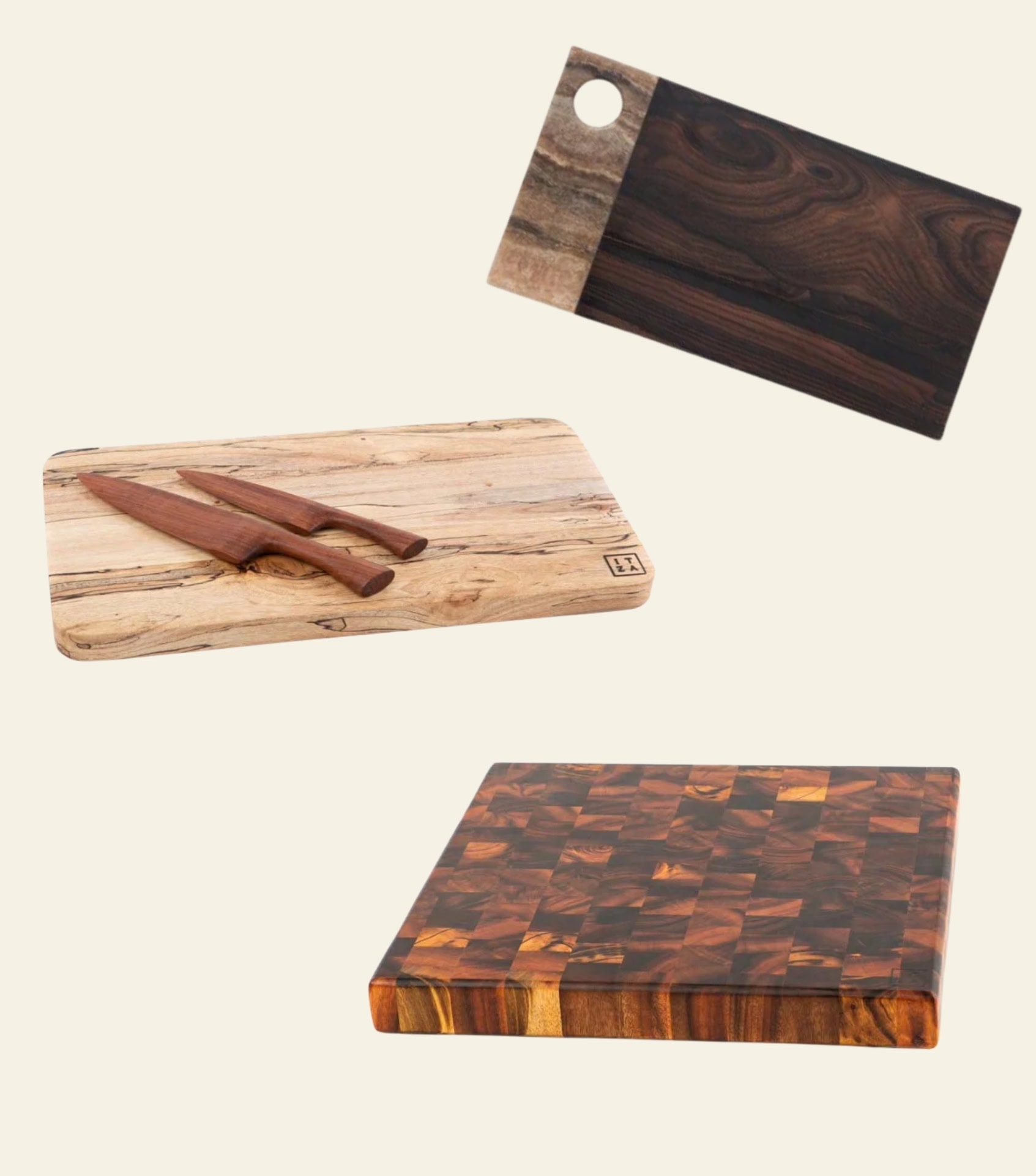 Itza Wood sustainable cutting boards collection showing walnut end-grain and single-slab designs