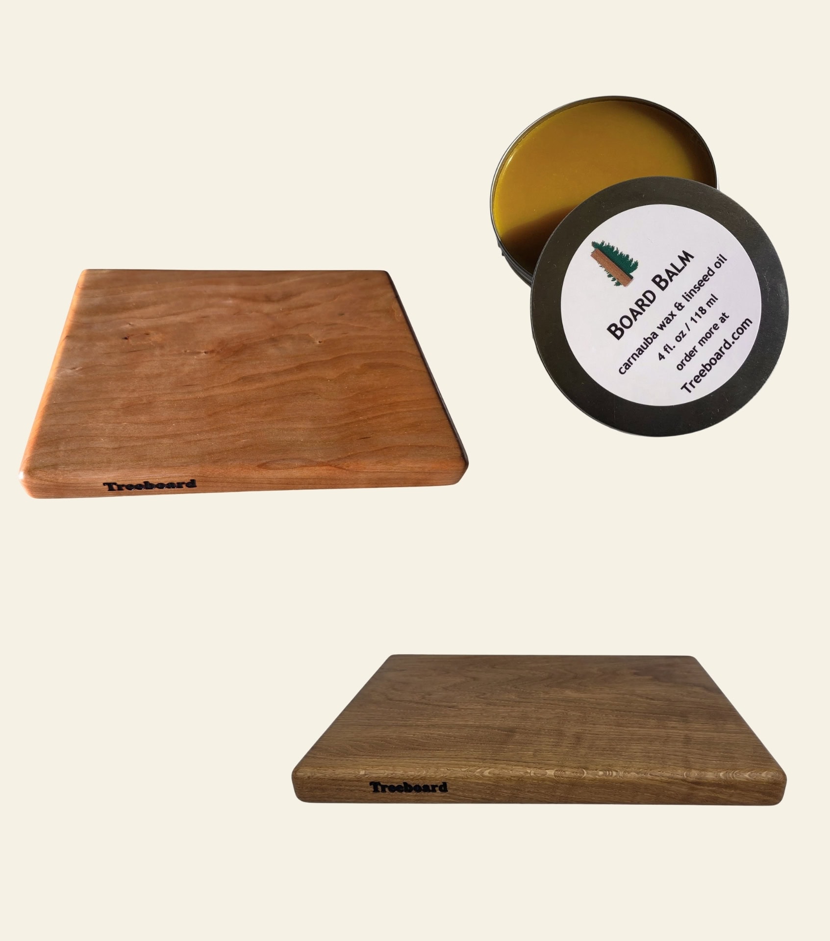 Treeboard single-slab wooden cutting board with carnauba wax and linseed oil board balm for non-toxic maintenance