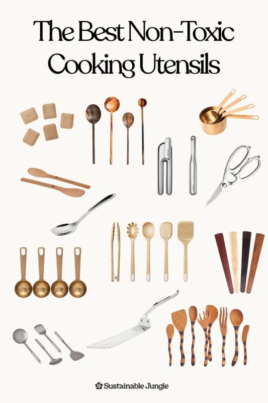Ditch the plastic spatulas. We researched 9 non-toxic cooking utensil brands in wood, stainless steel, bamboo, and titanium from Caraway, Bambu, Earlywood, and more. No PFAS and no microplastics. #nontoxickitchen #nontoxicutensils #plasticfreekitchen