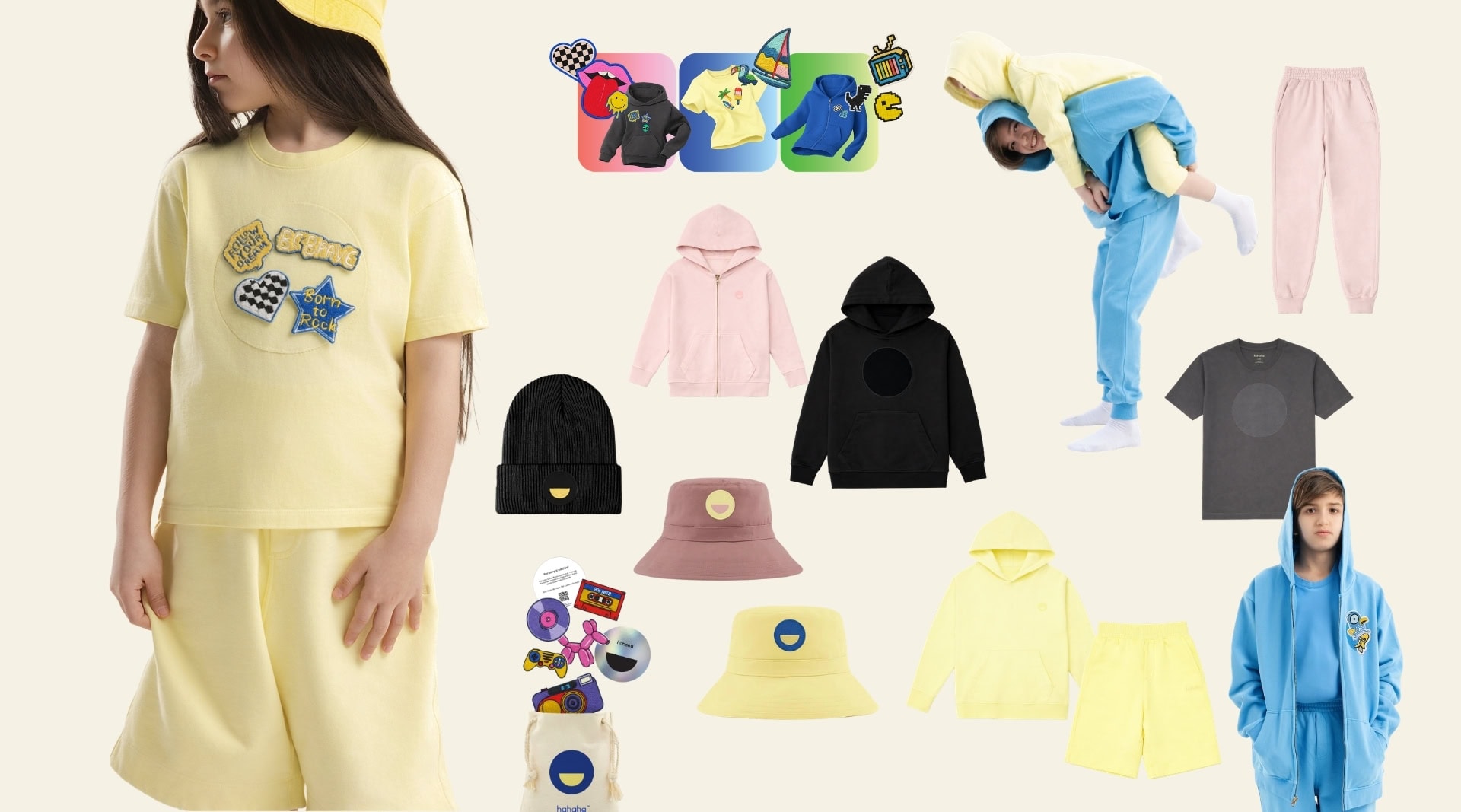 Hahaha sustainable kids streetwear made in Los Angeles featuring GOTS-certified organic cotton tees, hoodies, zip-up jackets, bucket hats, joggers, and their signature interchangeable hook-and-loop patch system with cultural and fun designs. OEKO-TEX Standard 100 certified