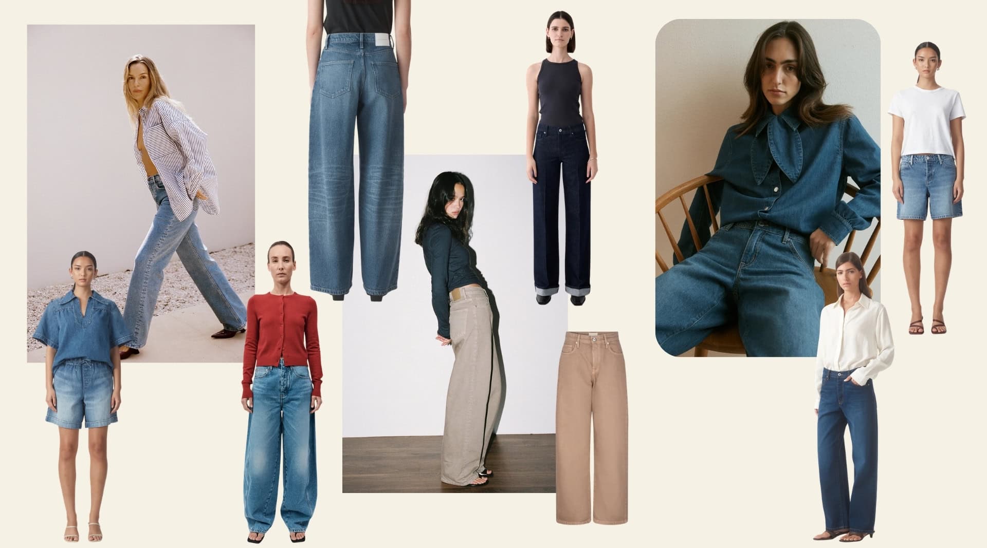 Outland Denim sustainable streetwear clothing for women including organic cotton wide-leg jeans, barrel-leg denim, denim shorts, jumpsuit, and Eddie jacket in multiple washes. Certified B Corp