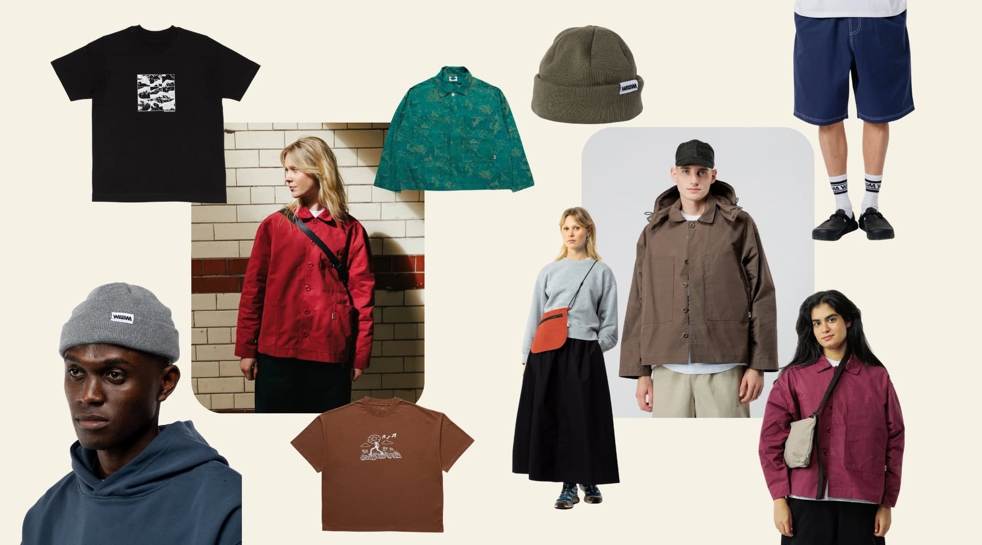 WAWWA eco-friendly streetwear made in Manchester featuring organic cotton graphic tees, green camo jacket, navy blue hoodie, beanies, cross-body bag, brown overshirt jacket, and pink jacket. GOTS-certified organic cotton and recycled materials, manufactured in-house at their UK factory