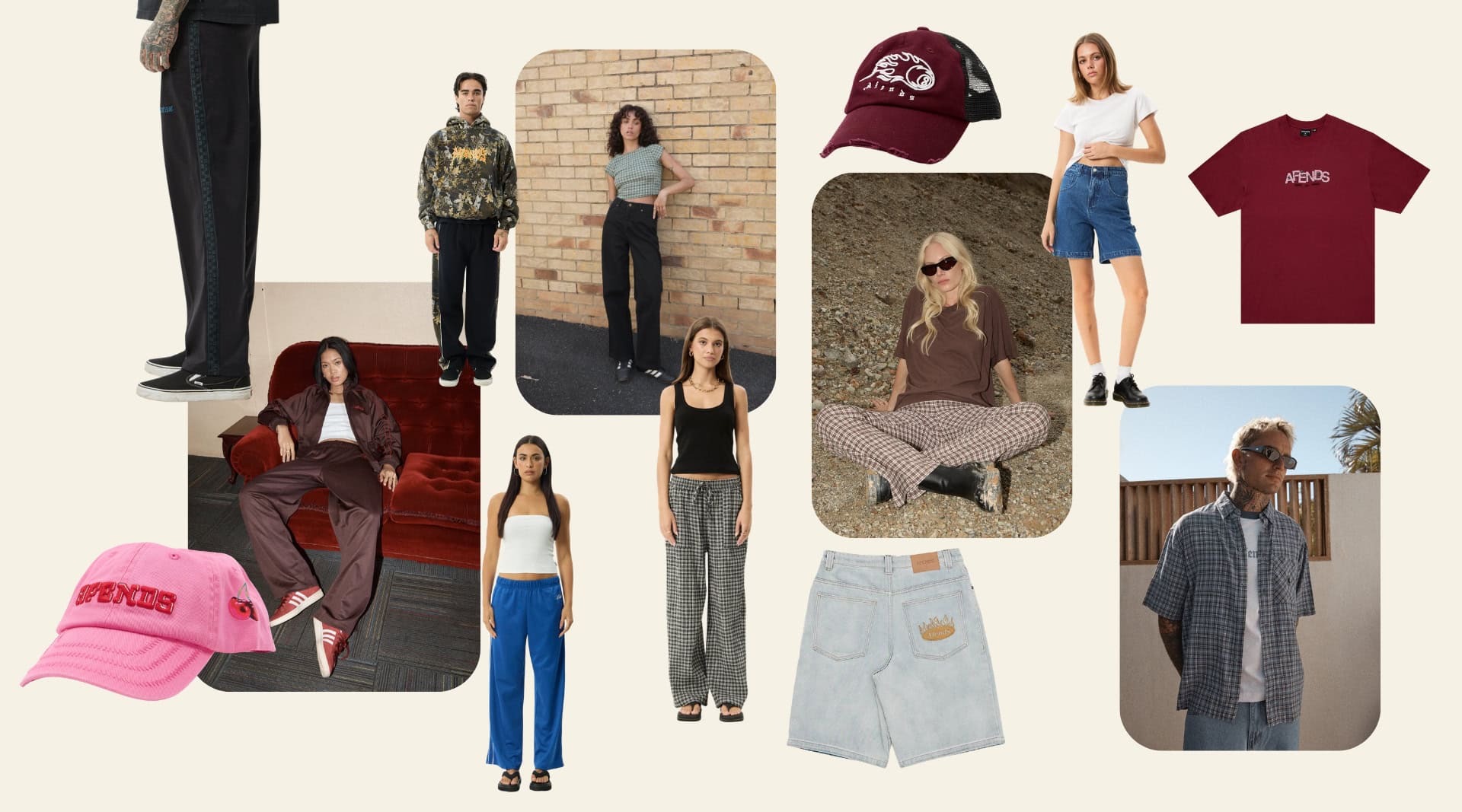 Afends ethical streetwear from Byron Bay including hemp and organic cotton wide-leg pants, camo hoodie, plaid check pants and shirt, trucker cap, denim shorts, track pants, and tees for men and women. Fair Wear Foundation member using sustainable hemp, organic cotton, and recycled materials