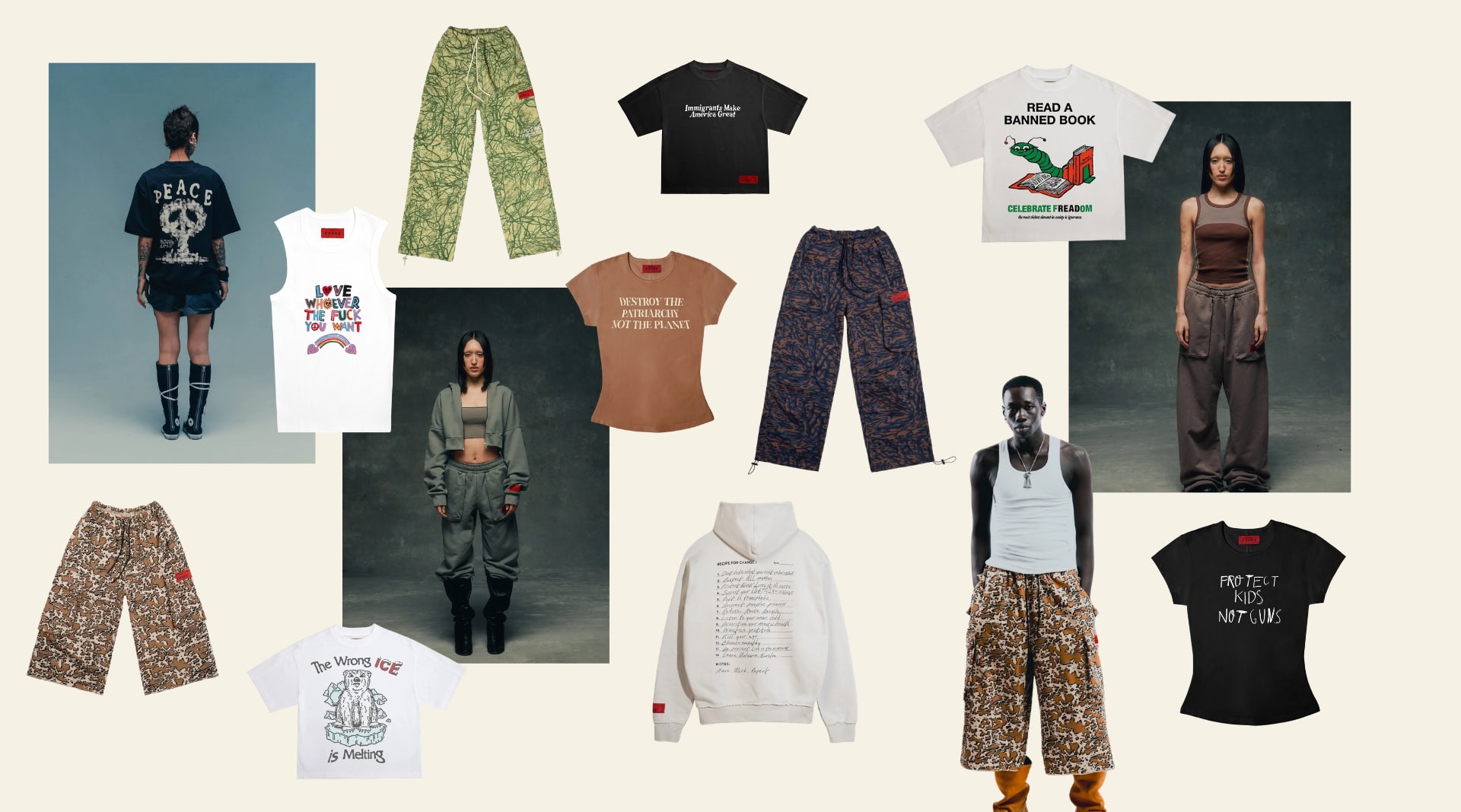CHNGE ethical streetwear collection featuring organic cotton graphic tees with social justice messages including "Immigrants Make America Great," "Destroy The Patriarchy Not The Planet," "Protect Kids Not Guns," and "Read A Banned Book," plus camo joggers and hoodie. All made from 100% GOTS-certified organic cotton at a Fairtrade factory
