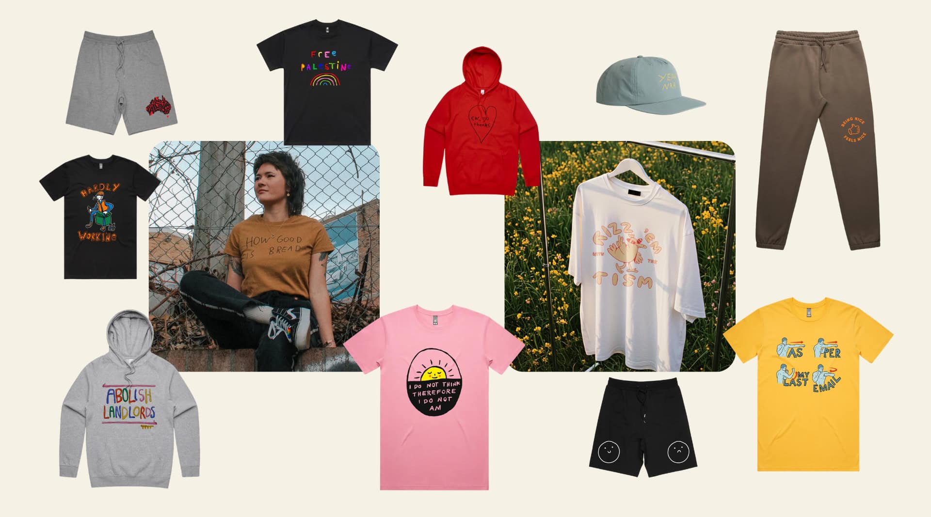 Lonely Kids Club sustainable graphic streetwear from Sydney featuring made-to-order tees, hoodies, shorts, and joggers with quirky activist designs including "Free Palestine," "Abolish Landlords," "How Good Is Bread," and "As Per My Last Email." All printed in-house using OEKO-TEX certified inks on ethically sourced garments