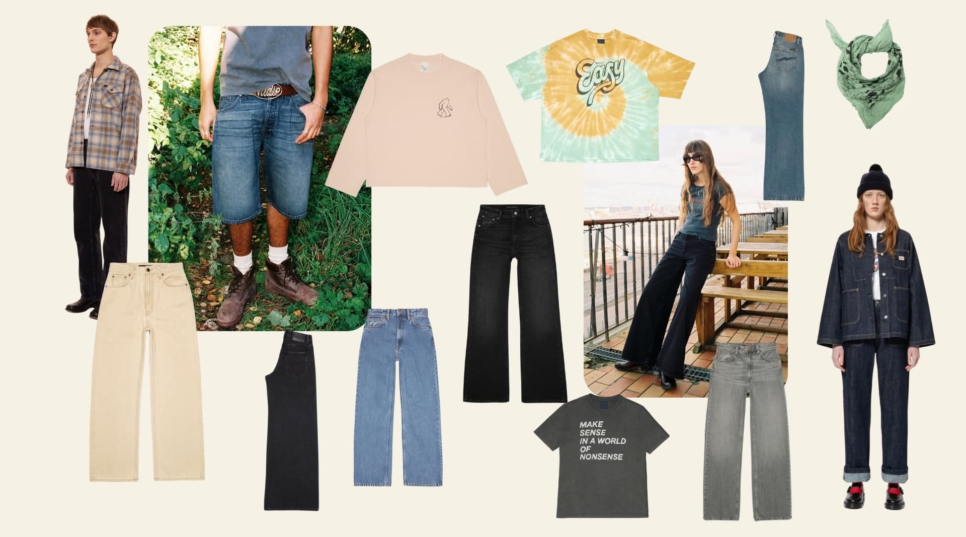 Nudie Jeans sustainable denim collection including Clean Eileen wide-leg jeans, straight-leg and barrel-leg fits in multiple washes, plaid overshirt, tie-dye tee, pink long sleeve, denim jacket, and bandana.