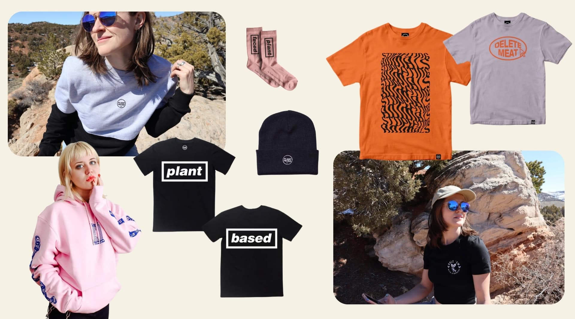 Sustainable Jungle's testing of Plant Faced vegan streetwear including organic cotton "Plant Based" tees, "Delete Meat" orange graphic tee, "Kale Em With Kindness" tee, pink hoodie, organic cotton socks, and beanie. All GOTS-certified, printed with water-based inks, and Fair Wear certified