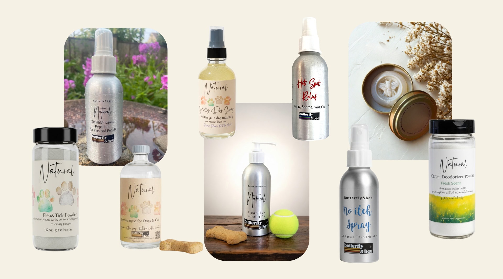 Butterfly & Bee natural pet product range including flea and tick powder in a glass shaker bottle, tick and mosquito repellent spray, smelly dog spray, flea and tick shampoo, hot spot relief spray, no itch spray, carpet deodorizer powder, and a glass treat jar with brass lid