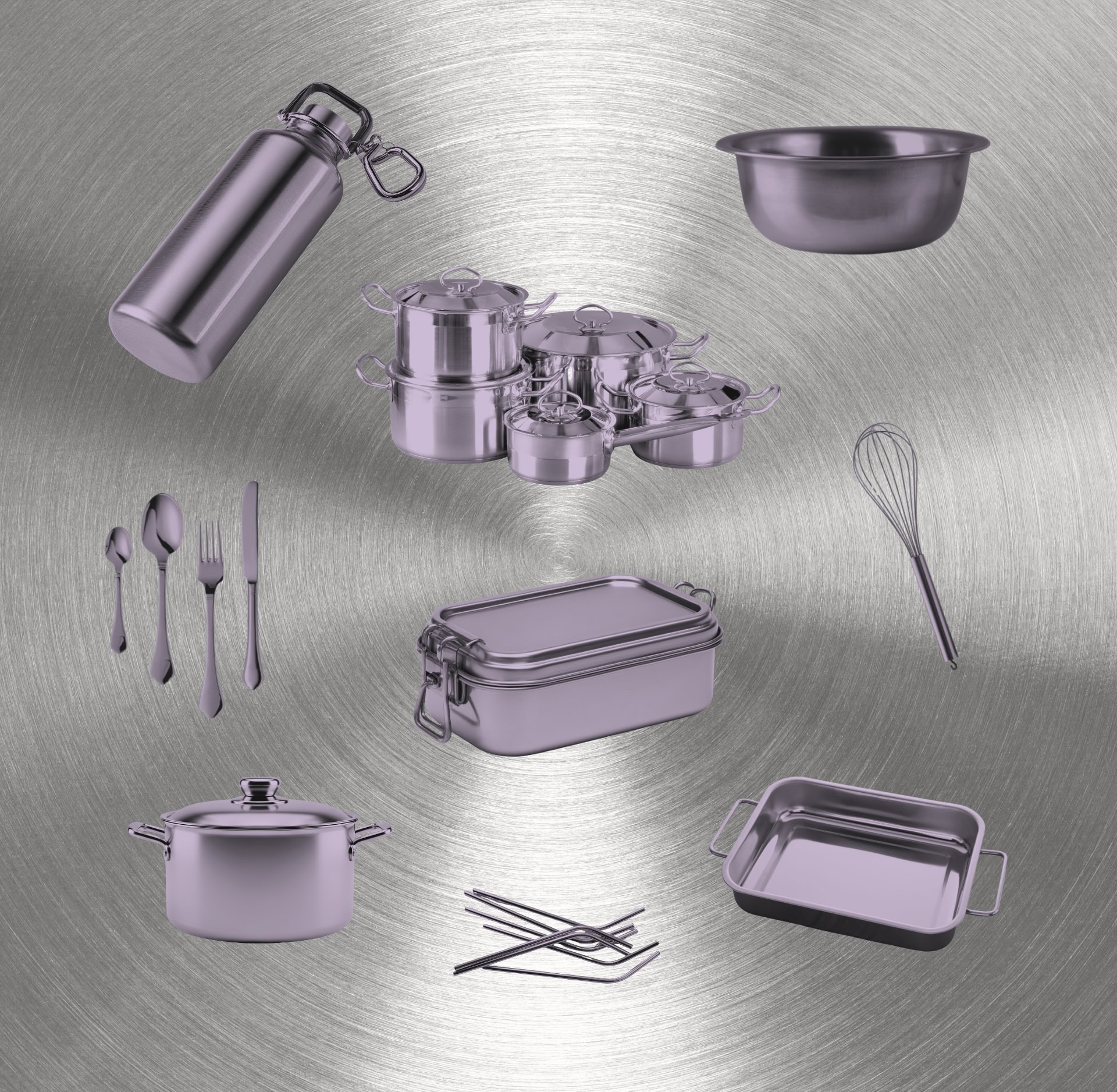 Is stainless steel non-toxic and safe for cooking and food storage? A collection of stainless steel kitchen products including cookware, water bottle, lunch box, utensils, baking tray, mixing bowl, whisk, and reusable straws.