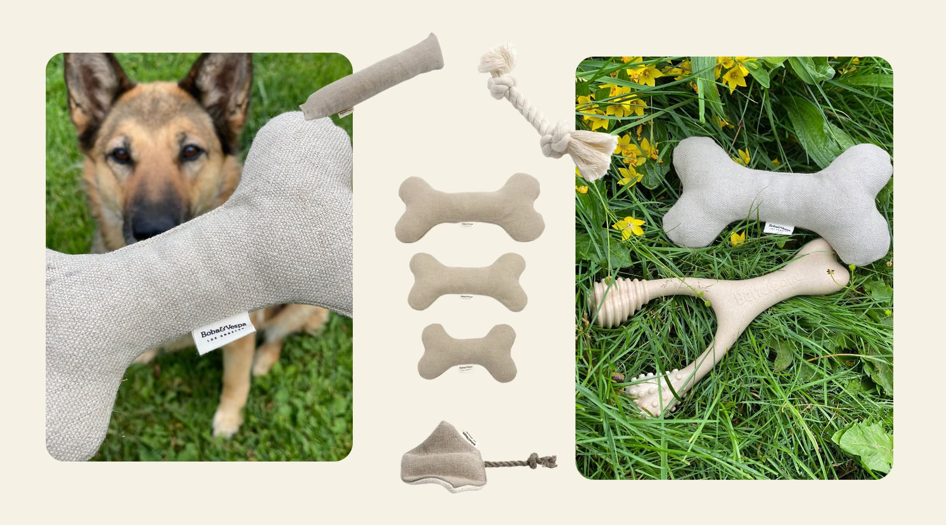 Sustainable Jungle's testing of The Kind Pet's Boba and Vespa organic hemp dog toys including a German Shepherd playing with a hemp bone toy, three compostable hemp bone toys in different sizes, an organic cotton rope toy, a hemp mouse cat toy, and The Better Bone natural chew toy photographed on grass