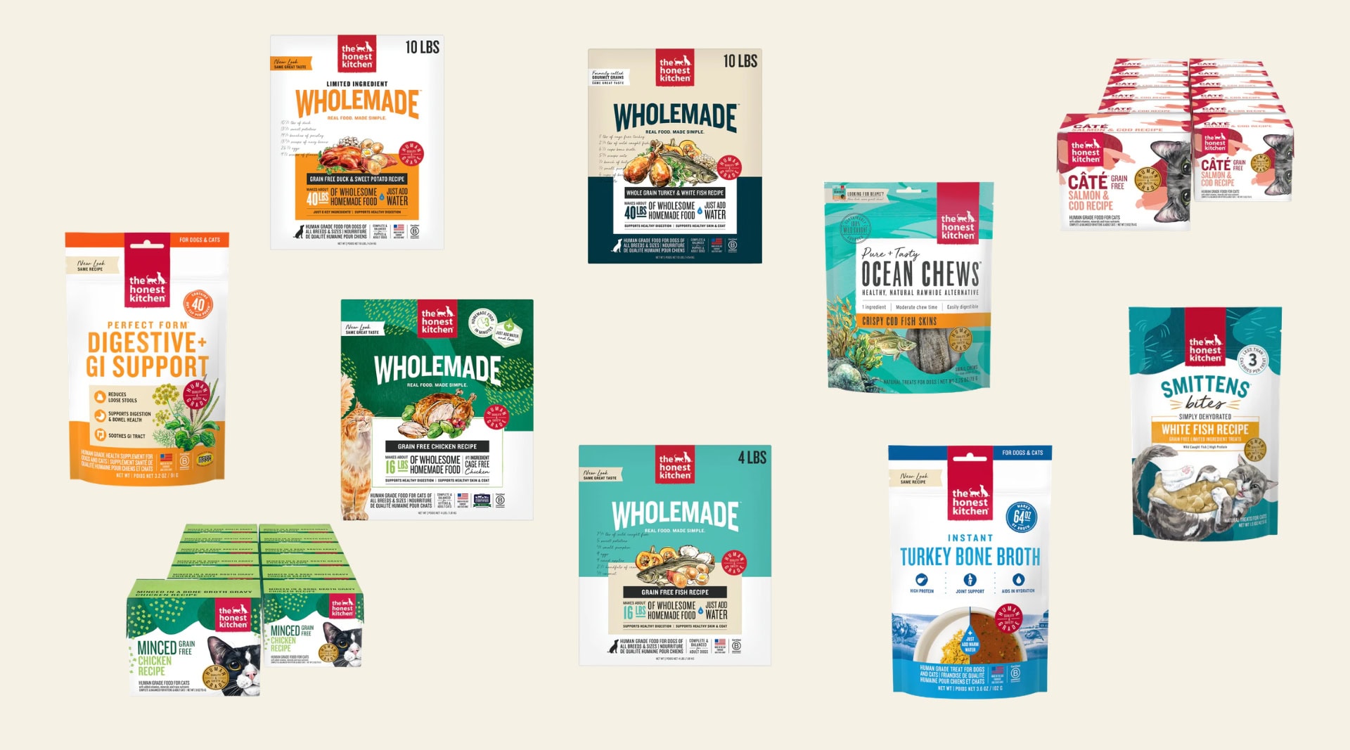 The Honest Kitchen human-grade pet food range including Wholemade dehydrated dog food in duck and chicken recipes, Caté grain-free cat food pouches, Ocean Chews crispy cod fish skins, Smittens Bites dehydrated white fish treats, instant turkey bone broth, Digestive and GI Support supplement, and Minced grain-free cat food boxes